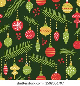 Seamless pattern with Christmas toys on a dark background.