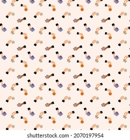 Seamless pattern with Christmas toys, orange and Gingerbread in hands on a beige background. Vector illustration.