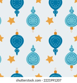 Seamless pattern with Christmas toys and stars. Pattern for Christmas design. Colorful vector winter illustration. New year illustration.