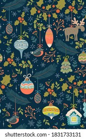 Seamless pattern with Christmas toys and twigs. Vector graphics.