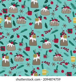 Seamless pattern with Christmas traditional cake for gift packages, wrapping paper, surface design and festive decoration. Plentiful Christmas sweet table decorated with winter plants, berries