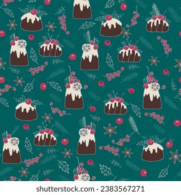 Seamless pattern with Christmas traditional cake for gift packages, wrapping paper, surface design and festive decoration. Plentiful Christmas sweet table decorated with winter plants, berries