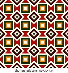 Seamless pattern in Christmas traditional colors. Repeated squares and rhombuses bright ornamental abstract background. Can be used for digital paper, textile print, page fill. Vector illustration