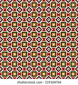 Seamless pattern in Christmas traditional colors. Repeated squares and rhombuses bright ornamental abstract background. Can be used for digital paper, textile print, page fill. Vector illustration