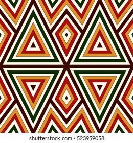 Seamless pattern in Christmas traditional colors. Bright ornamental abstract background. Ethnic and tribal motifs. Can be used for digital paper, textile print, page fill. Vector illustration