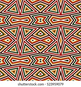 Seamless pattern in Christmas traditional colors. Bright ornamental abstract background. Ethnic and tribal motifs. Can be used for digital paper, textile print, page fill. Vector illustration
