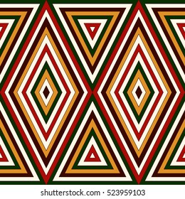 Seamless pattern in Christmas traditional colors. Bright ornamental abstract background. Ethnic and tribal motifs. Can be used for digital paper, textile print, page fill. Vector illustration