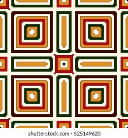 Seamless pattern in Christmas traditional colors. Repeated squares bright ornamental abstract geometric background. Can be used for digital paper, textile print, page fill. Vector illustration