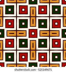 Seamless pattern in Christmas traditional colors. Repeated squares bright ornamental abstract geometric background. Can be used for digital paper, textile print, page fill. Vector illustration