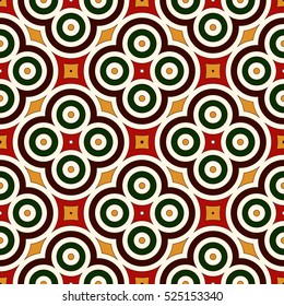 Seamless pattern in Christmas traditional colors. Abstract background with bright geometric ornament. Can be used for digital paper, textile print, page fill. Vector illustration