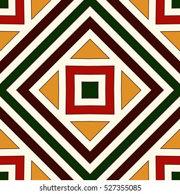 Seamless pattern in Christmas traditional colors. Repeated squares and rhombuses bright ornamental abstract background. Can be used for digital paper, textile print, page fill. Vector illustration