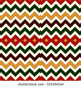 Seamless pattern in Christmas traditional colors. Chevron zigzag bright colors horizontal lines background. Ethnic and tribal motifs. Digital paper, textile print, page fill. Vector illustration.
