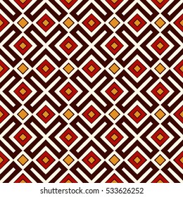 Seamless pattern in Christmas traditional colors. Ethnic and tribal motif. Repeated geometric forms bright ornamental abstract background. Digital paper, textile print, page fill. Vector illustration.