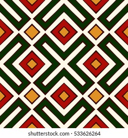Seamless pattern in Christmas traditional colors. Ethnic and tribal motif. Repeated geometric forms bright ornamental abstract background. Digital paper, textile print, page fill. Vector illustration.