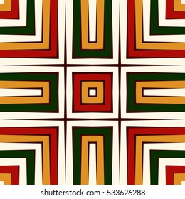 Seamless pattern in Christmas traditional colors. Repeated squares bright ornamental abstract geometric background. Can be used for digital paper, textile print, page fill. Vector illustration
