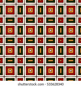 Seamless pattern in Christmas traditional colors. Repeated squares bright ornamental abstract geometric background. Can be used for digital paper, textile print, page fill. Vector illustration.