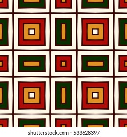 Seamless pattern in Christmas traditional colors. Repeated squares bright ornamental abstract geometric background. Can be used for digital paper, textile print, page fill. Vector illustration.