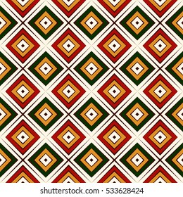 Seamless pattern in Christmas traditional colors. Repeated squares and rhombuses bright ornamental abstract background. Can be used for digital paper, textile print, page fill. Vector illustration.