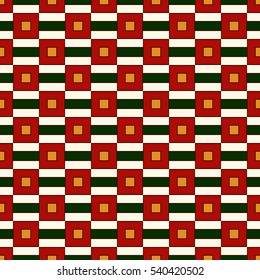 Seamless pattern in Christmas traditional colors with simple geometric ornament. Repeated square chain and horizontal stripes wallpaper. Vector illustration