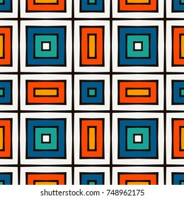 Seamless pattern in Christmas traditional colors. Repeated squares bright ornamental abstract geometric background. Can be used for digital paper, textile print, page fill. Vector illustration