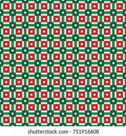 Seamless pattern in Christmas traditional colors with geometric ornament. Repeated bright square and stripes abstract surface texture. Digital paper, textile print, page fill. Vector art