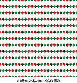 Seamless pattern in Christmas traditional colors with repeated squares. Horizontal lines abstract background. Mosaic wallpaper. Minimalist geometric ornament. Digital paper, textile print. Vector art