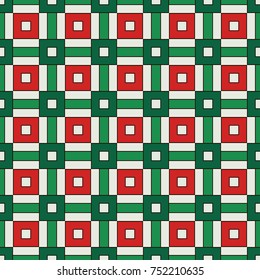 Seamless pattern in Christmas traditional colors with geometric ornament. Repeated bright square and stripes abstract surface texture. Digital paper, textile print, page fill. Vector art