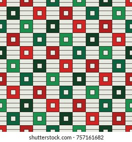 Seamless pattern in Christmas traditional colors with geometric ornament. Repeated bright square and stripes abstract background. Digital paper, textile print, page fill. Vector art