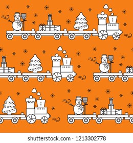Seamless pattern with Christmas train carries Christmas tree, snowman with broom, gifts. Happy New Year 2019, Christmas card.