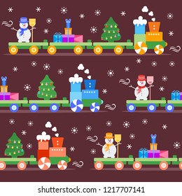 Seamless pattern with Christmas train carries Christmas tree, snowman with broom, gifts. Happy New Year 2019, Christmas card.