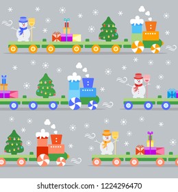 Seamless pattern with Christmas train carries Christmas tree, snowman with broom, gifts. Happy New Year 2019, Christmas card.