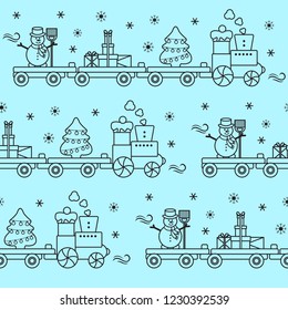 Seamless pattern with Christmas train carries Christmas tree, snowman with broom, gifts. Happy New Year 2019, Christmas card.