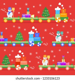 Seamless pattern with Christmas train carries Christmas tree, snowman with broom, gifts. Happy New Year 2019, Christmas card.