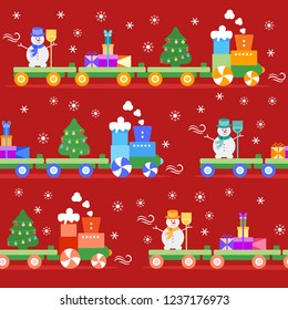 Seamless pattern with Christmas train carries Christmas tree, snowman with broom, gifts. Happy New Year 2019, Christmas card.