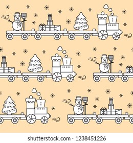 Seamless pattern with Christmas train carries Christmas tree, snowman with broom, gifts. Happy New Year 2019, Christmas card.