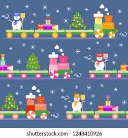Seamless pattern with Christmas train carries Christmas tree, snowman with broom, gifts. Happy New Year 2019, Christmas card.