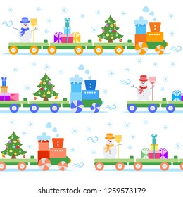 Seamless pattern with Christmas train carries Christmas tree, snowman with broom, gifts. Happy New Year 2019, Christmas card.