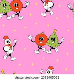Seamless pattern with christmas tree, ball and snowman walking together. Holiday vector background with retro characters