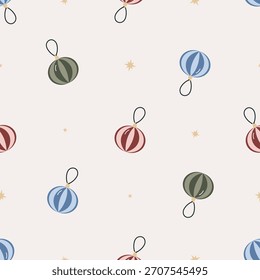 Seamless pattern with Christmas tree ball. Flat vector background. Christmas design. For fabric, wrapping, cards, textile, wallpaper, apparel.