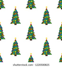 Seamless pattern with Christmas tree with Christmas balls and a star on the top. Vector illustration.