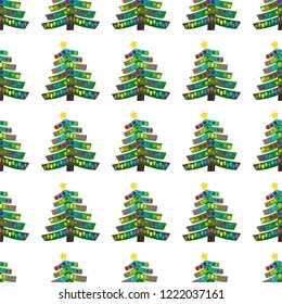 Seamless pattern with Christmas tree with Christmas balls and a star on the top. Vector illustration.