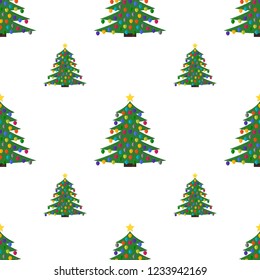 Seamless pattern with Christmas tree with Christmas balls and a star on the top. Vector illustration.
