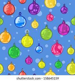 Seamless pattern of Christmas tree balls on blue background with snowflakes. Vector illustration for your design