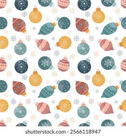 Seamless pattern of Christmas tree balls. Winter decorations, holiday baubles on white background. Vector illustration.