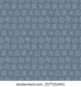 Seamless pattern with Christmas tree balls and snowflakes. Doodle color illustration. 