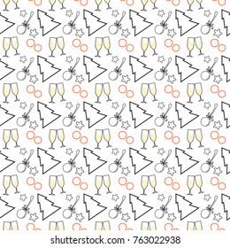Seamless pattern with Christmas tree, Christmas balls and mandarins.
