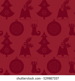 Seamless pattern with Christmas tree, bell, stocking and ball. Flat elements on a red background. Vector illustration. It can be used for design of packing, scrapbook, web, wallpaper, textile, card