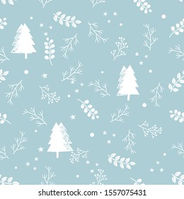 Seamless pattern with Christmas tree, branch, berries and falling snow on blue background vector illustration. flat design for print.