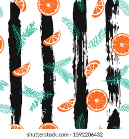 Seamless pattern with Christmas tree branch and orange slice in scandinavian style on striped background. Hygge concept background. Winter wallpaper ornament. Vector Illustration
