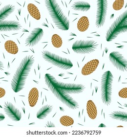 Seamless pattern with Christmas tree branch, needles, cone. Festive background. New Year vector illustration. Design web, wrapping, wallpaper, textile